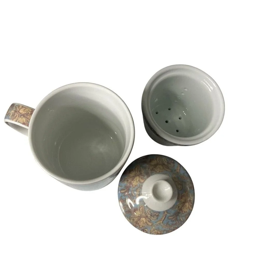 World Market‎ Blue Floral Ceramic Tea Mug Infuser Lid Dishwasher Safe